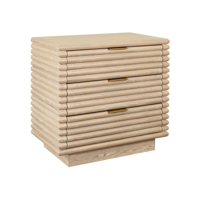 Three Drawer Side Table With Antique Brass Hardware And Large Horizontal Reeds In Cerused Oak - MATEO CO