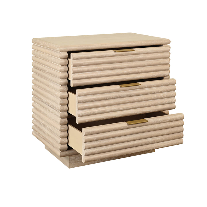 Three Drawer Side Table With Antique Brass Hardware And Large Horizontal Reeds In Cerused Oak - MATEO CO