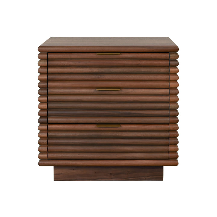 Three Drawer Side Table With Antique Brass Hardware And Large Horizontal Reeds In Walnut - MATEO WAL