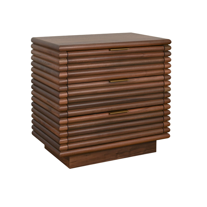 Three Drawer Side Table With Antique Brass Hardware And Large Horizontal Reeds In Walnut - MATEO WAL