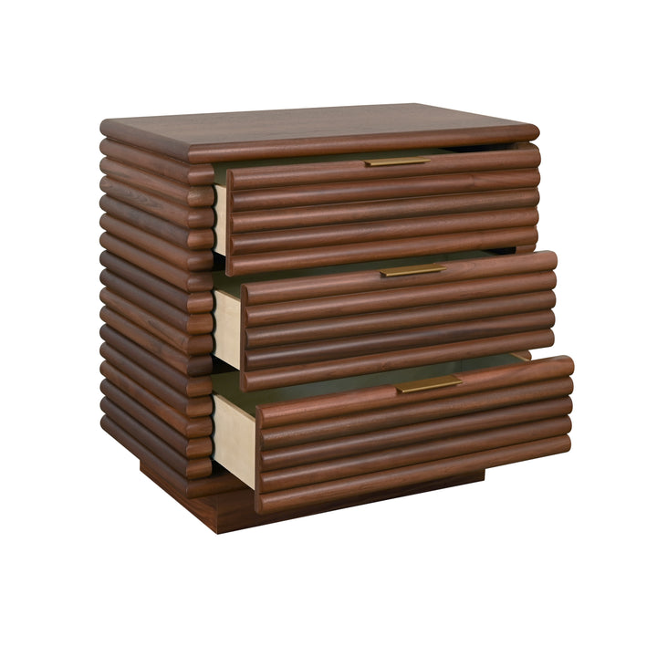 Three Drawer Side Table With Antique Brass Hardware And Large Horizontal Reeds In Walnut - MATEO WAL
