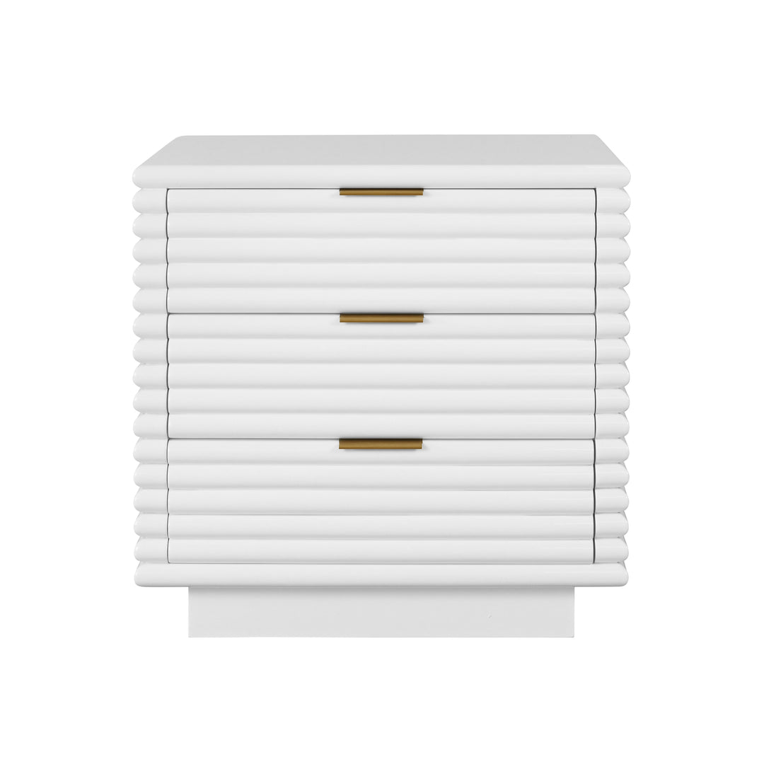 Three Drawer Side Table With Antique Brass Hardware And Large Horizontal Reeds In White Lacquer - MATEO WH