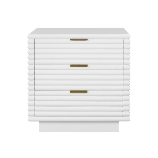 Three Drawer Side Table With Antique Brass Hardware And Large Horizontal Reeds In White Lacquer - MATEO WH