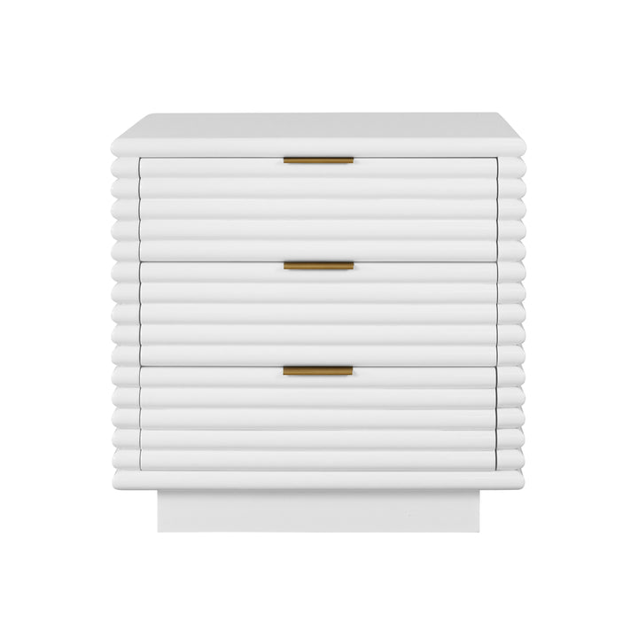 Three Drawer Side Table With Antique Brass Hardware And Large Horizontal Reeds In White Lacquer - MATEO WH