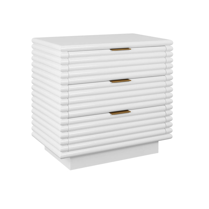 Three Drawer Side Table With Antique Brass Hardware And Large Horizontal Reeds In White Lacquer - MATEO WH