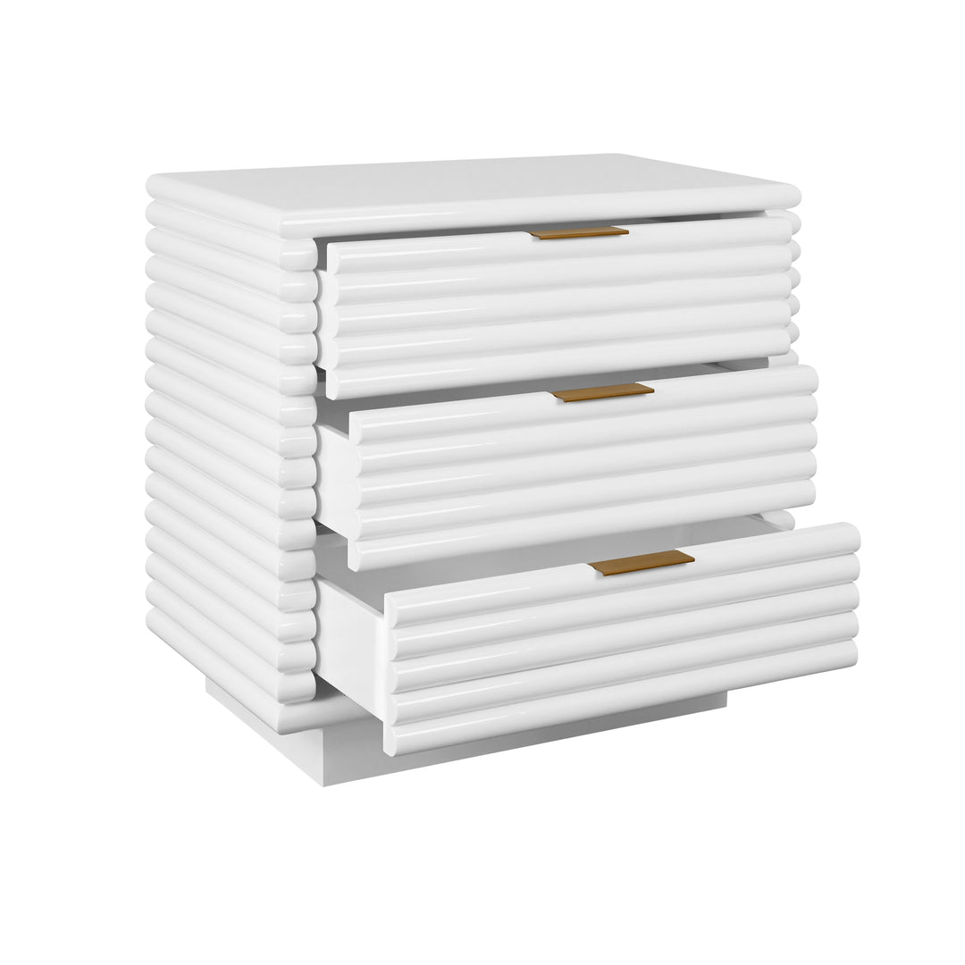 Three Drawer Side Table With Antique Brass Hardware And Large Horizontal Reeds In White Lacquer - MATEO WH