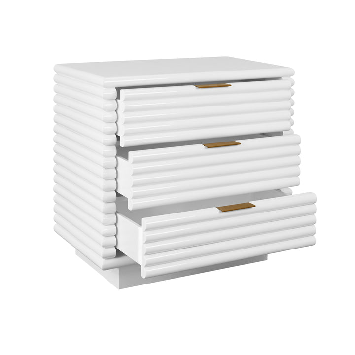 Three Drawer Side Table With Antique Brass Hardware And Large Horizontal Reeds In White Lacquer - MATEO WH