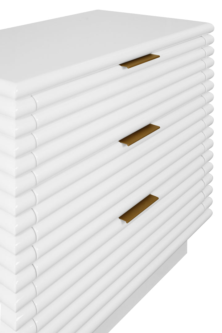 Three Drawer Side Table With Antique Brass Hardware And Large Horizontal Reeds In White Lacquer - MATEO WH