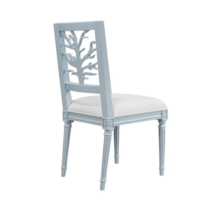 Coral Motif Back Dining Chair With White Linen Seat In Matte Light Blue Lacquer - MCKAY LB