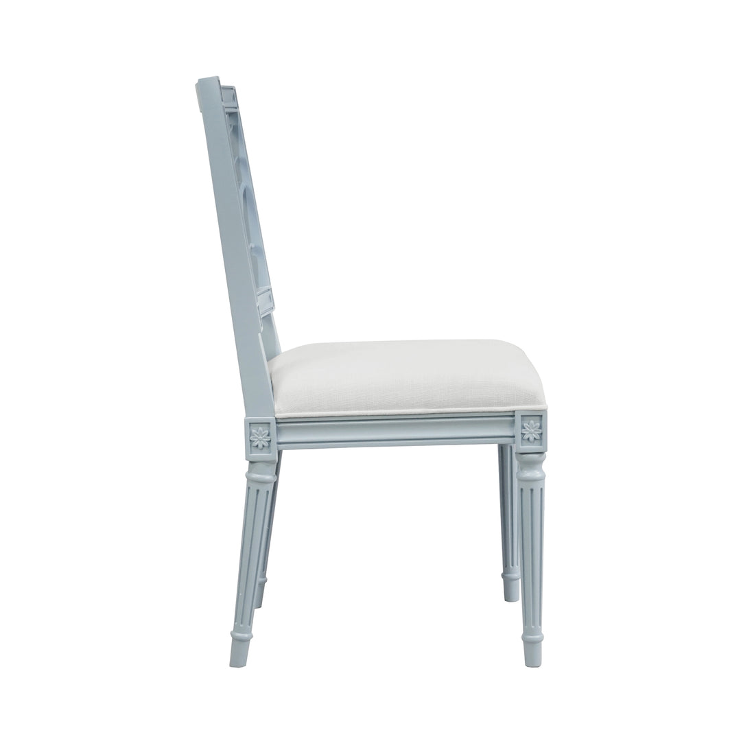 Coral Motif Back Dining Chair With White Linen Seat In Matte Light Blue Lacquer - MCKAY LB