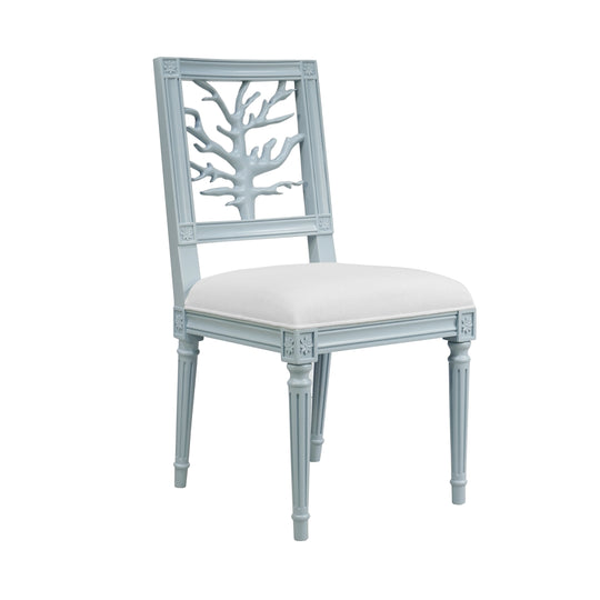 Coral Motif Back Dining Chair With White Linen Seat In Matte Light Blue Lacquer - MCKAY LB