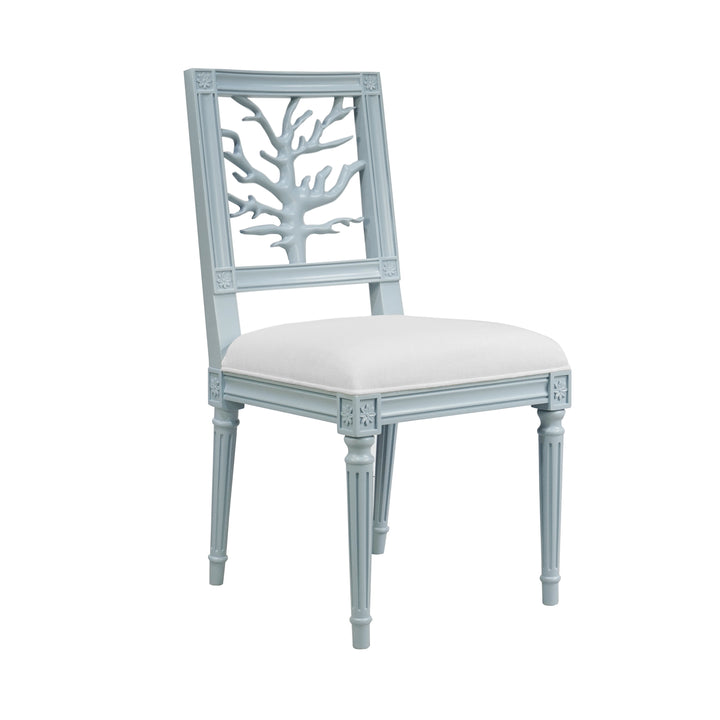 Coral Motif Back Dining Chair With White Linen Seat In Matte Light Blue Lacquer - MCKAY LB
