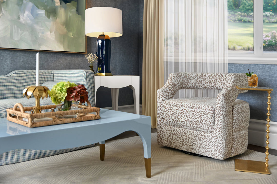 Tapered Leg Coffee Table With Antique Brass Foot Caps In Light Blue Lacquer - MEDINA LB