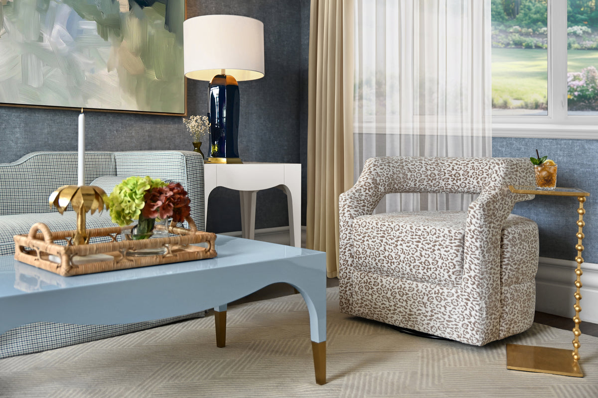 Tapered Leg Coffee Table With Antique Brass Foot Caps In Light Blue Lacquer - MEDINA LB