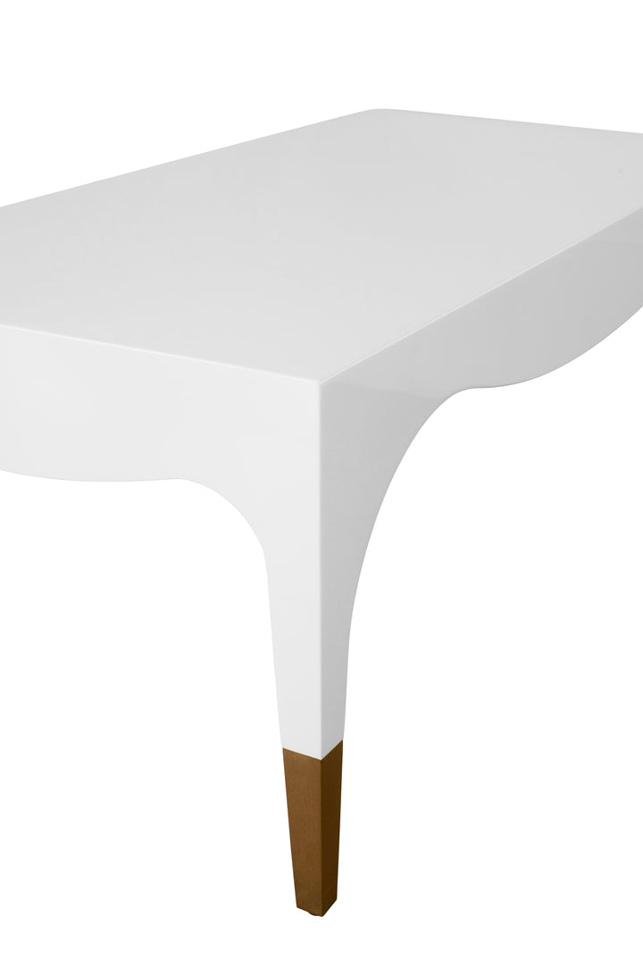 Tapered Leg Coffee Table With Antique Brass Foot Caps In White Lacquer - MEDINA WH
