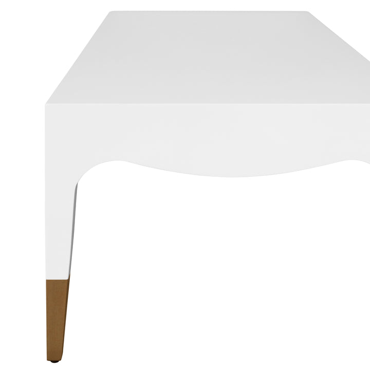 Tapered Leg Coffee Table With Antique Brass Foot Caps In White Lacquer - MEDINA WH
