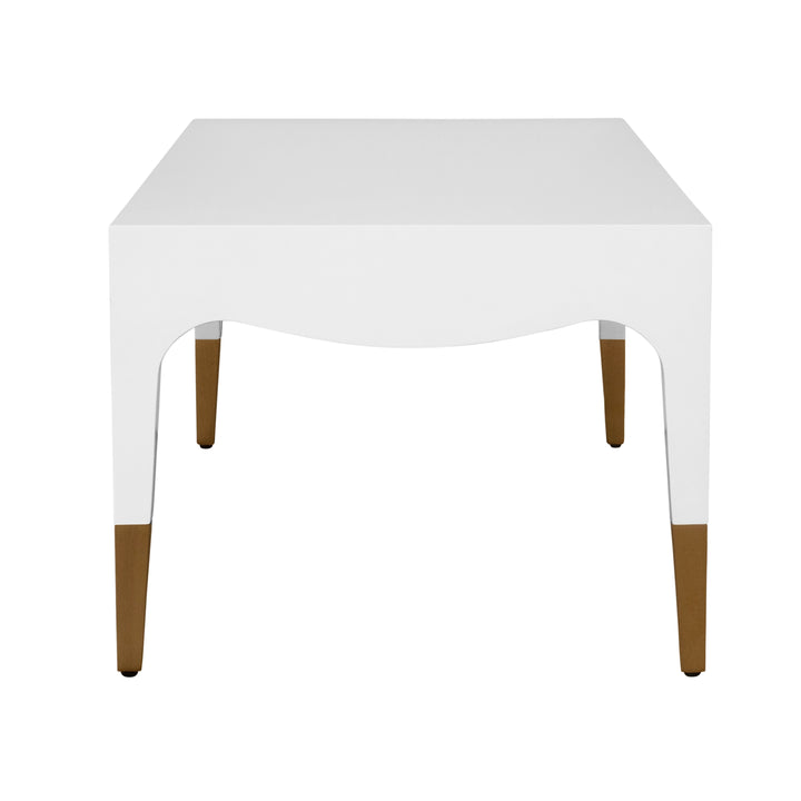 Tapered Leg Coffee Table With Antique Brass Foot Caps In White Lacquer - MEDINA WH