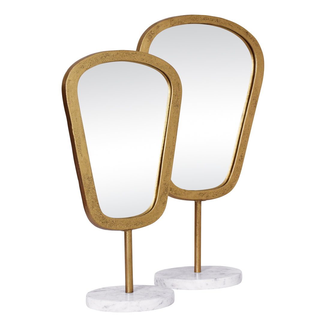 Large Table Top Mirror In Aged Gold Finish On White Marble Base - MICAH LG
