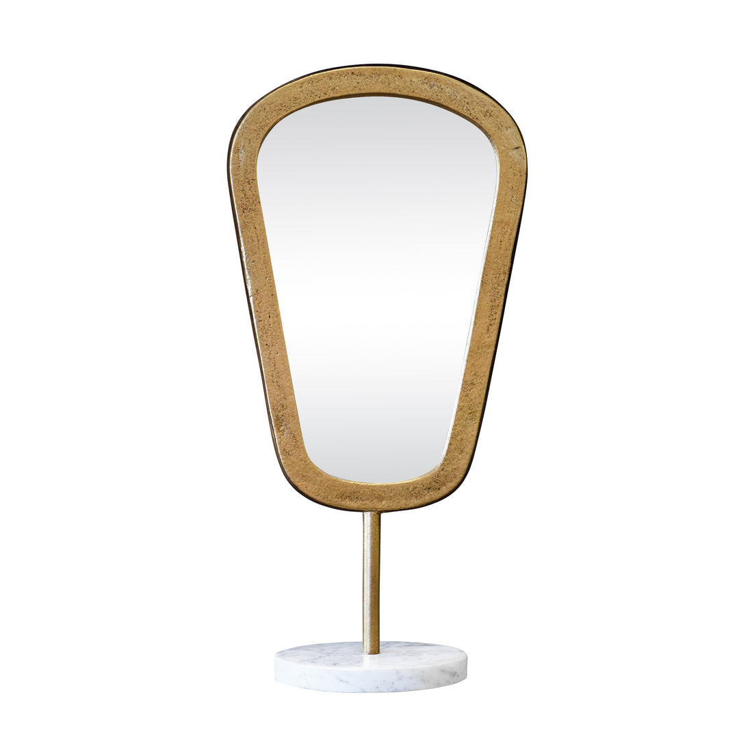 Large Table Top Mirror In Aged Gold Finish On White Marble Base - MICAH LG