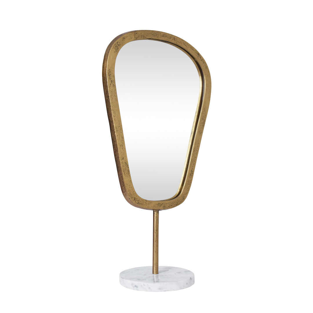 Large Table Top Mirror In Aged Gold Finish On White Marble Base - MICAH LG