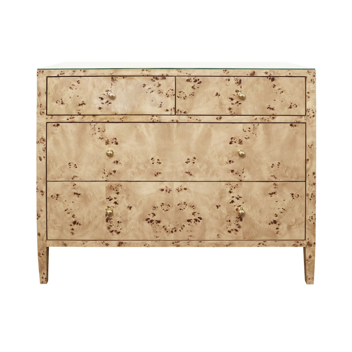 Four Drawer Chest In Burl Wood With Glass Top - MICHELLE BW
