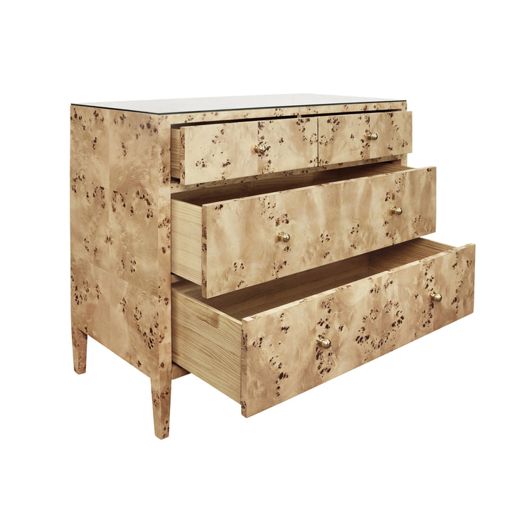 Four Drawer Chest In Burl Wood With Glass Top - MICHELLE BW