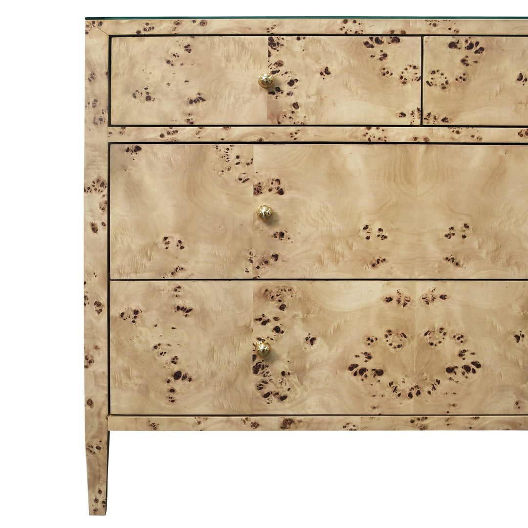 Four Drawer Chest In Burl Wood With Glass Top - MICHELLE BW