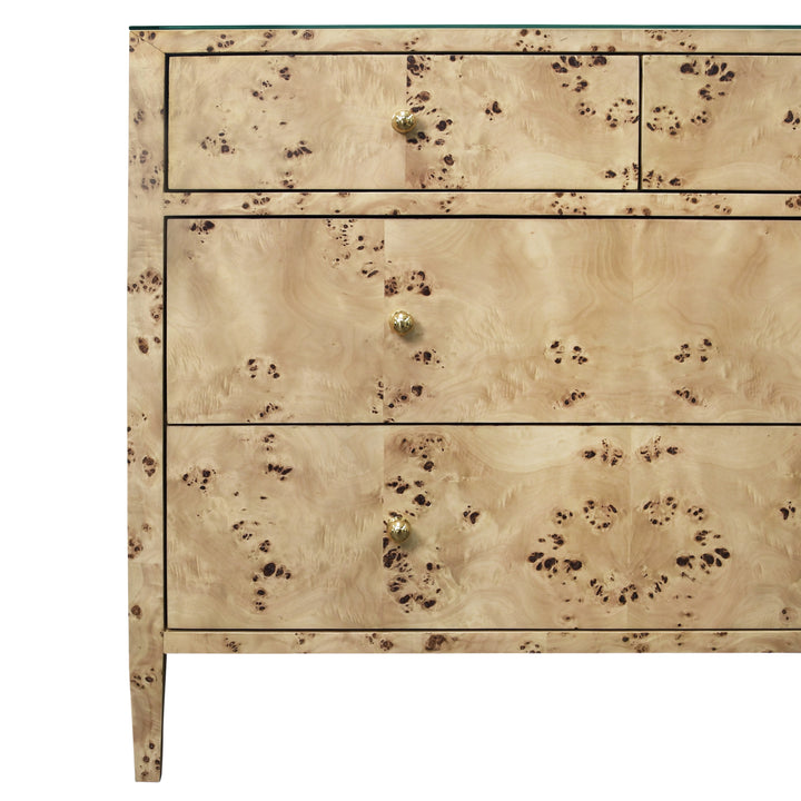 Four Drawer Chest In Burl Wood With Glass Top - MICHELLE BW