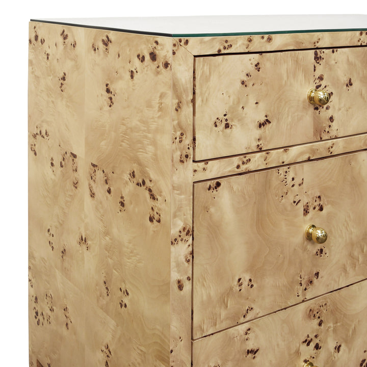 Four Drawer Chest In Burl Wood With Glass Top - MICHELLE BW