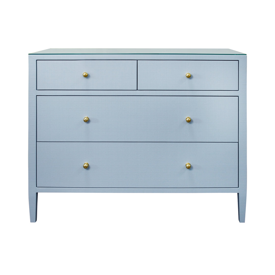 Four Drawer Chest In Textured Light Blue Linen With Glass Top - MICHELLE LB