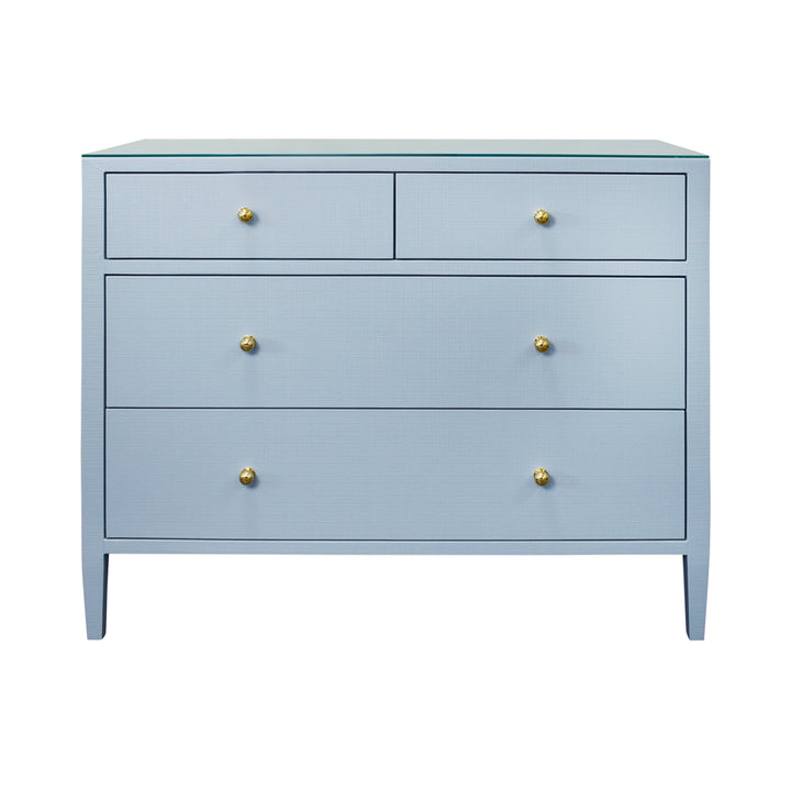 Four Drawer Chest In Textured Light Blue Linen With Glass Top - MICHELLE LB