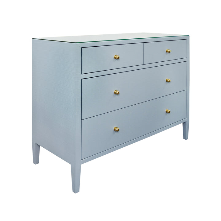 Four Drawer Chest In Textured Light Blue Linen With Glass Top - MICHELLE LB
