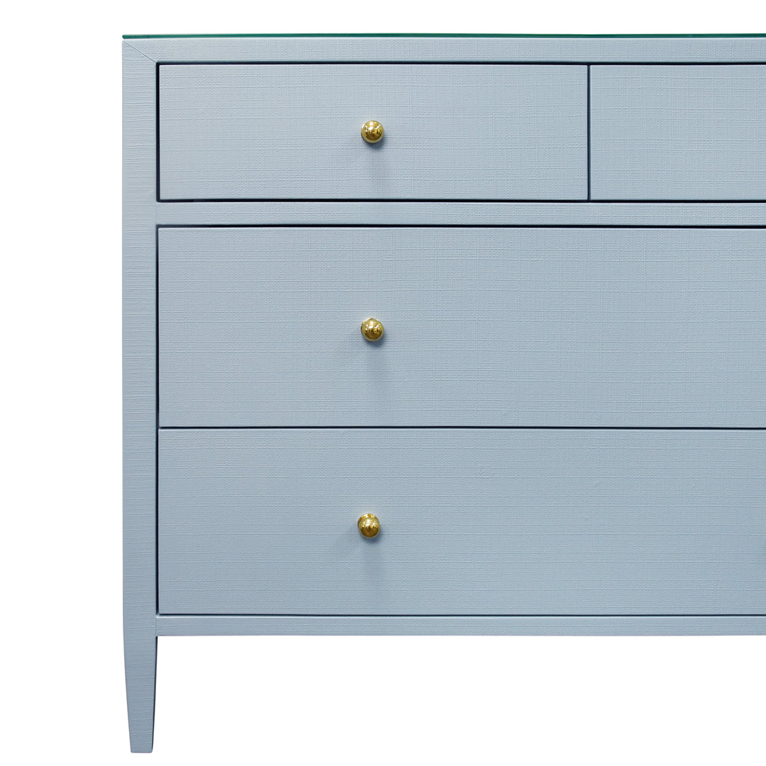 Four Drawer Chest In Textured Light Blue Linen With Glass Top - MICHELLE LB