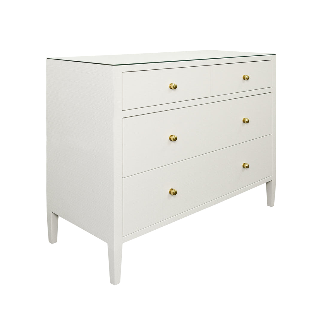 Four Drawer Chest In Textured White Linen With Glass Top - MICHELLE WH