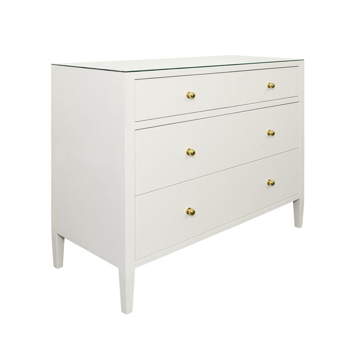 Four Drawer Chest In Textured White Linen With Glass Top - MICHELLE WH