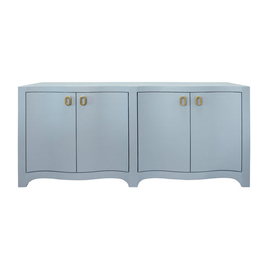 Curved Front Four Door Buffet In Textured Light Blue Linen With Satin Brass Ring Hardware - MIFFY LB