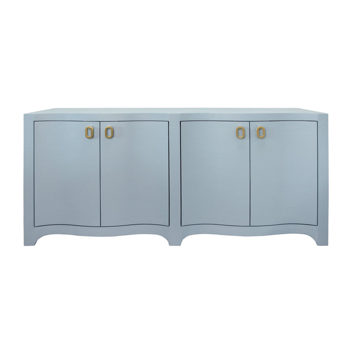 Curved Front Four Door Buffet In Textured Light Blue Linen With Satin Brass Ring Hardware - MIFFY LB