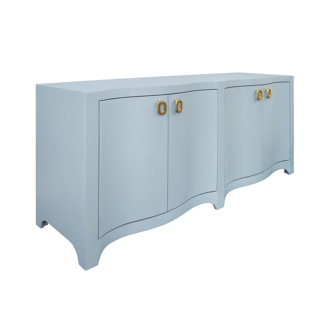 Curved Front Four Door Buffet In Textured Light Blue Linen With Satin Brass Ring Hardware - MIFFY LB