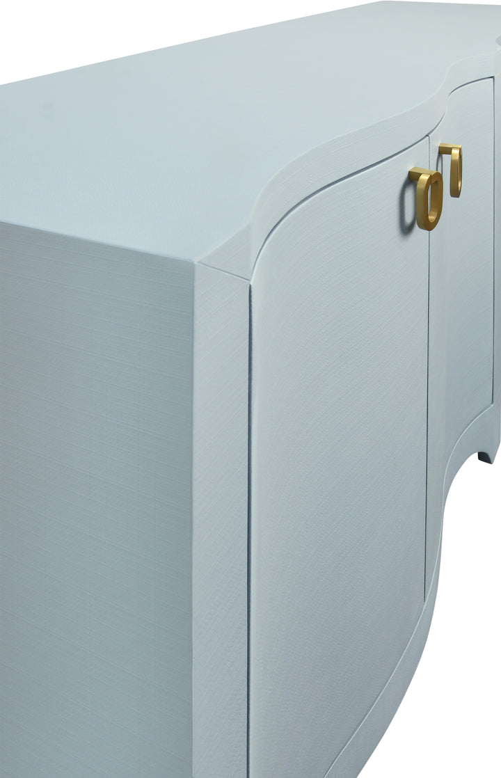 Curved Front Four Door Buffet In Textured Light Blue Linen With Satin Brass Ring Hardware - MIFFY LB