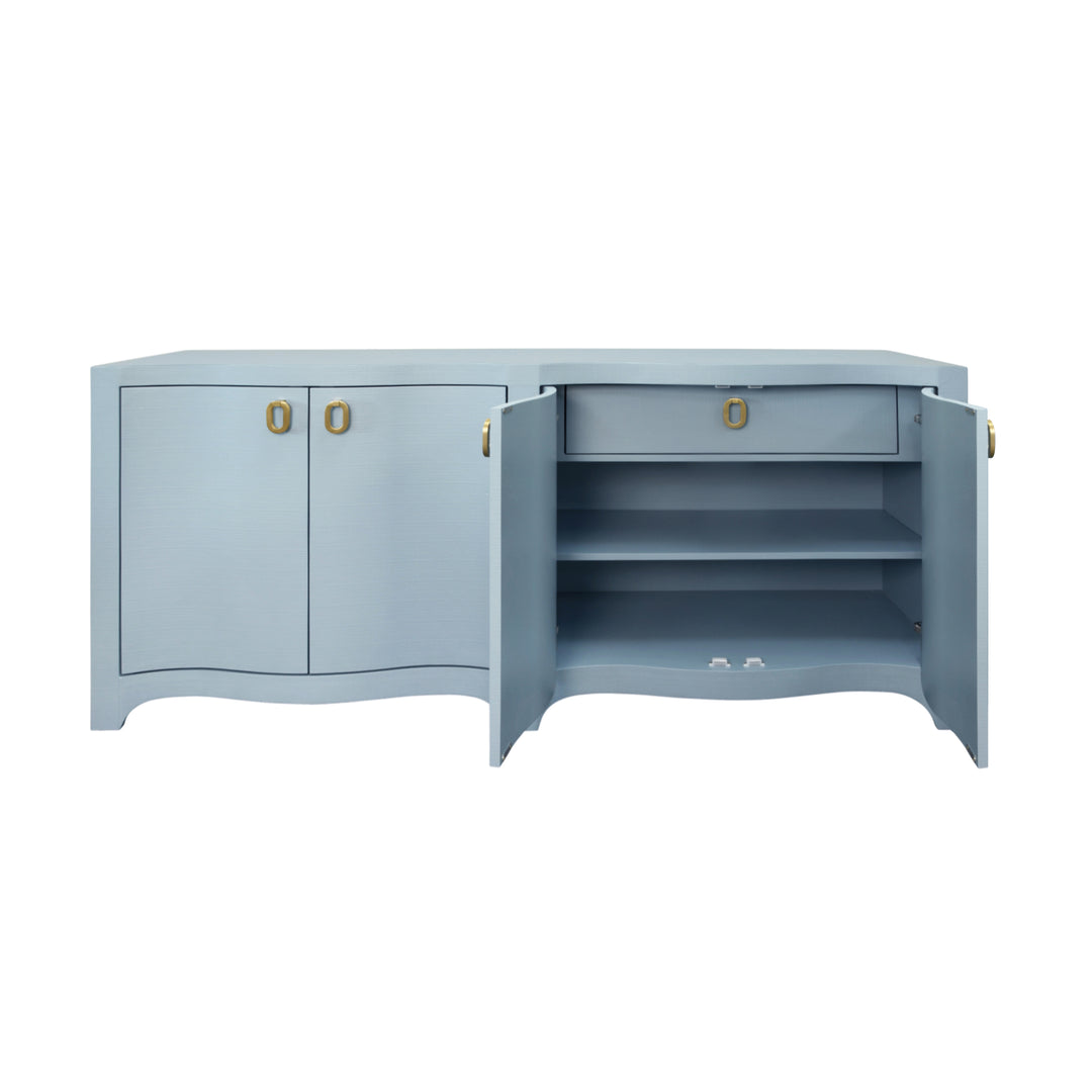 Curved Front Four Door Buffet In Textured Light Blue Linen With Satin Brass Ring Hardware - MIFFY LB
