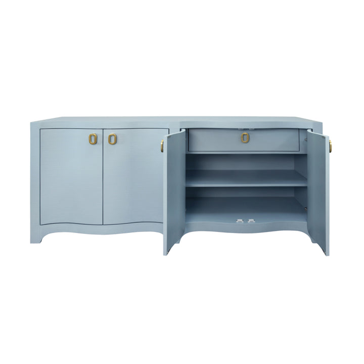 Curved Front Four Door Buffet In Textured Light Blue Linen With Satin Brass Ring Hardware - MIFFY LB