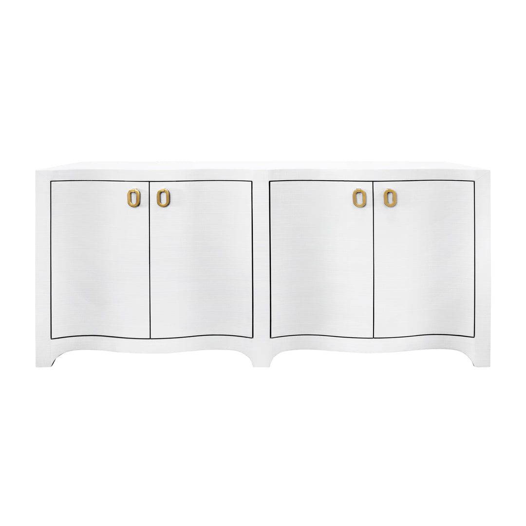 Curved Front Four Door Buffet In Textured White Linen With Satin Brass Ring Hardware - MIFFY WH