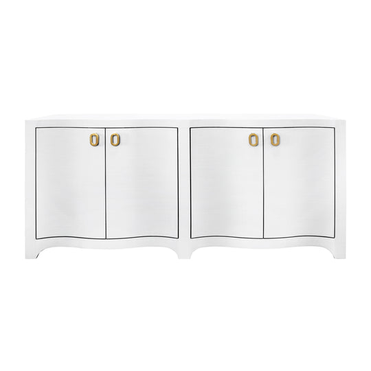 Curved Front Four Door Buffet In Textured White Linen With Satin Brass Ring Hardware - MIFFY WH