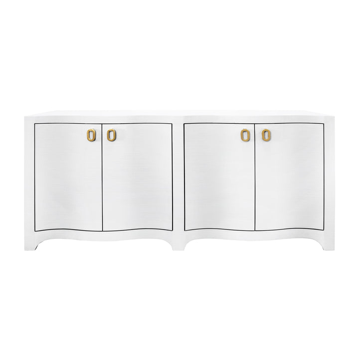 Curved Front Four Door Buffet In Textured White Linen With Satin Brass Ring Hardware - MIFFY WH