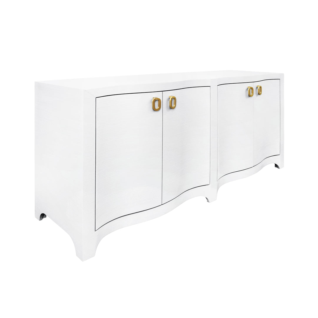Curved Front Four Door Buffet In Textured White Linen With Satin Brass Ring Hardware - MIFFY WH