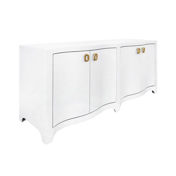 Curved Front Four Door Buffet In Textured White Linen With Satin Brass Ring Hardware - MIFFY WH