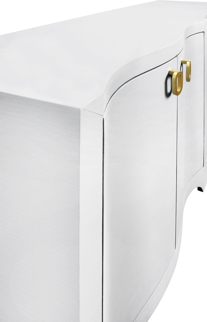 Curved Front Four Door Buffet In Textured White Linen With Satin Brass Ring Hardware - MIFFY WH