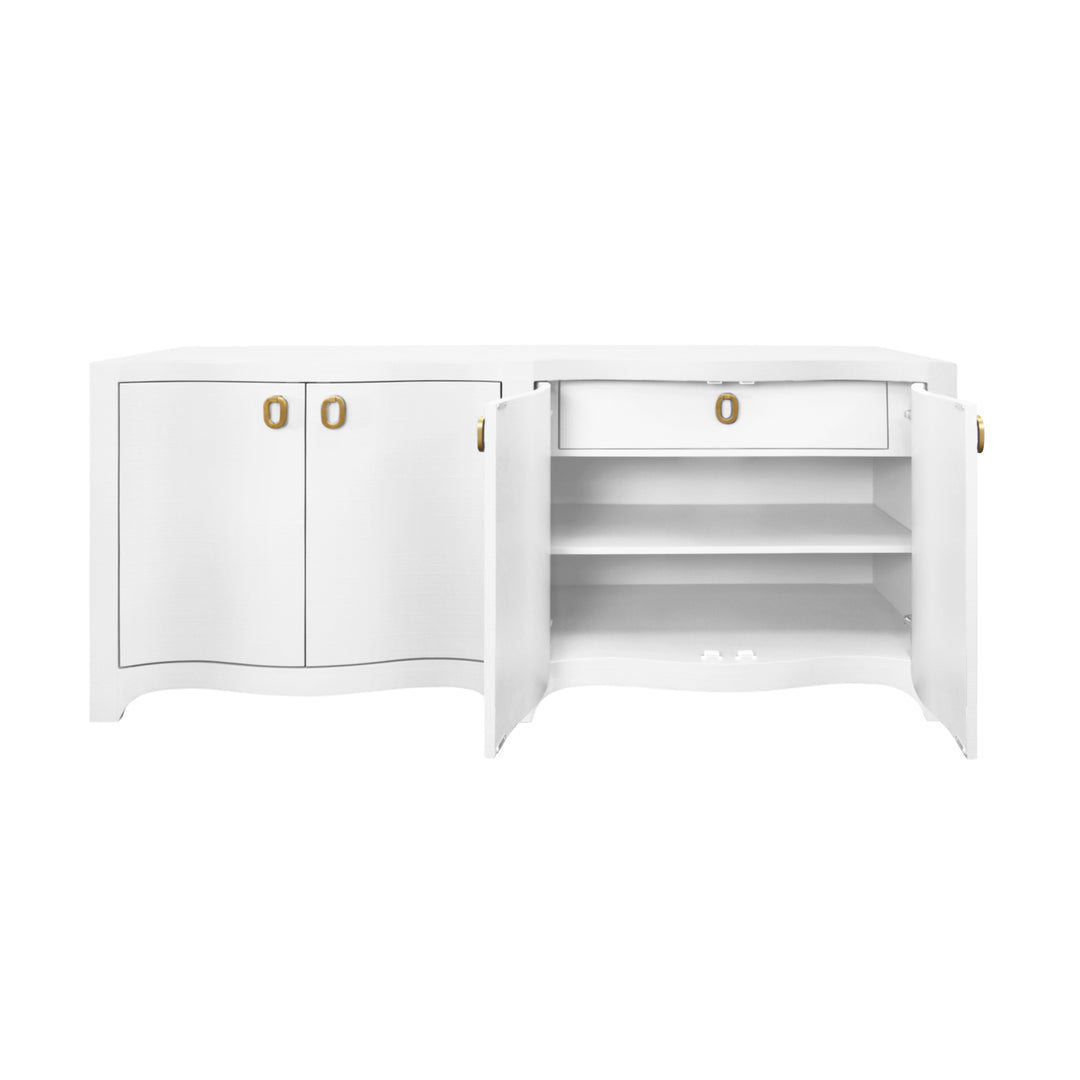 Curved Front Four Door Buffet In Textured White Linen With Satin Brass Ring Hardware - MIFFY WH