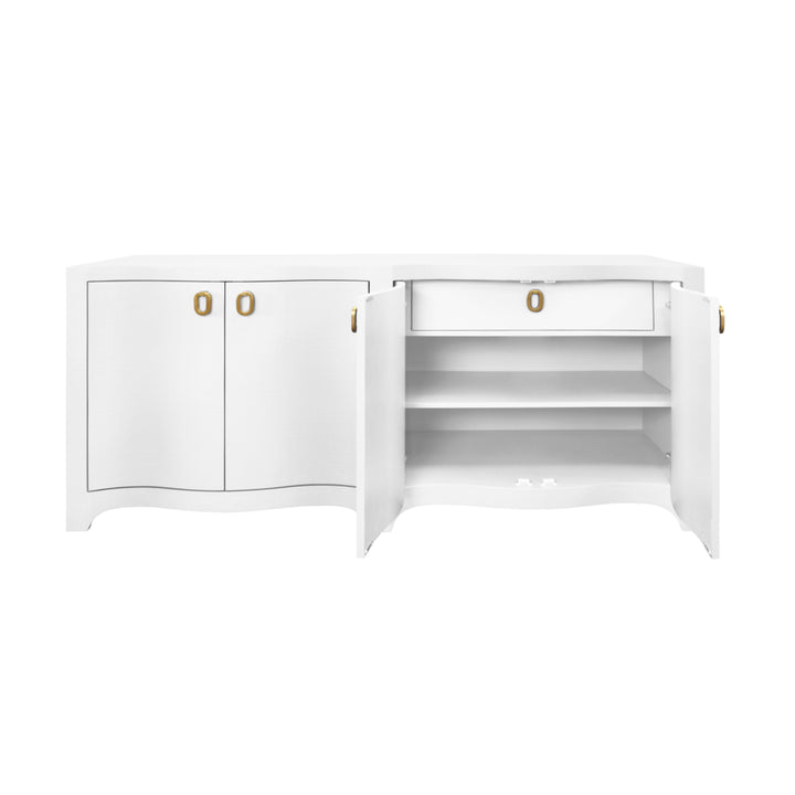 Curved Front Four Door Buffet In Textured White Linen With Satin Brass Ring Hardware - MIFFY WH
