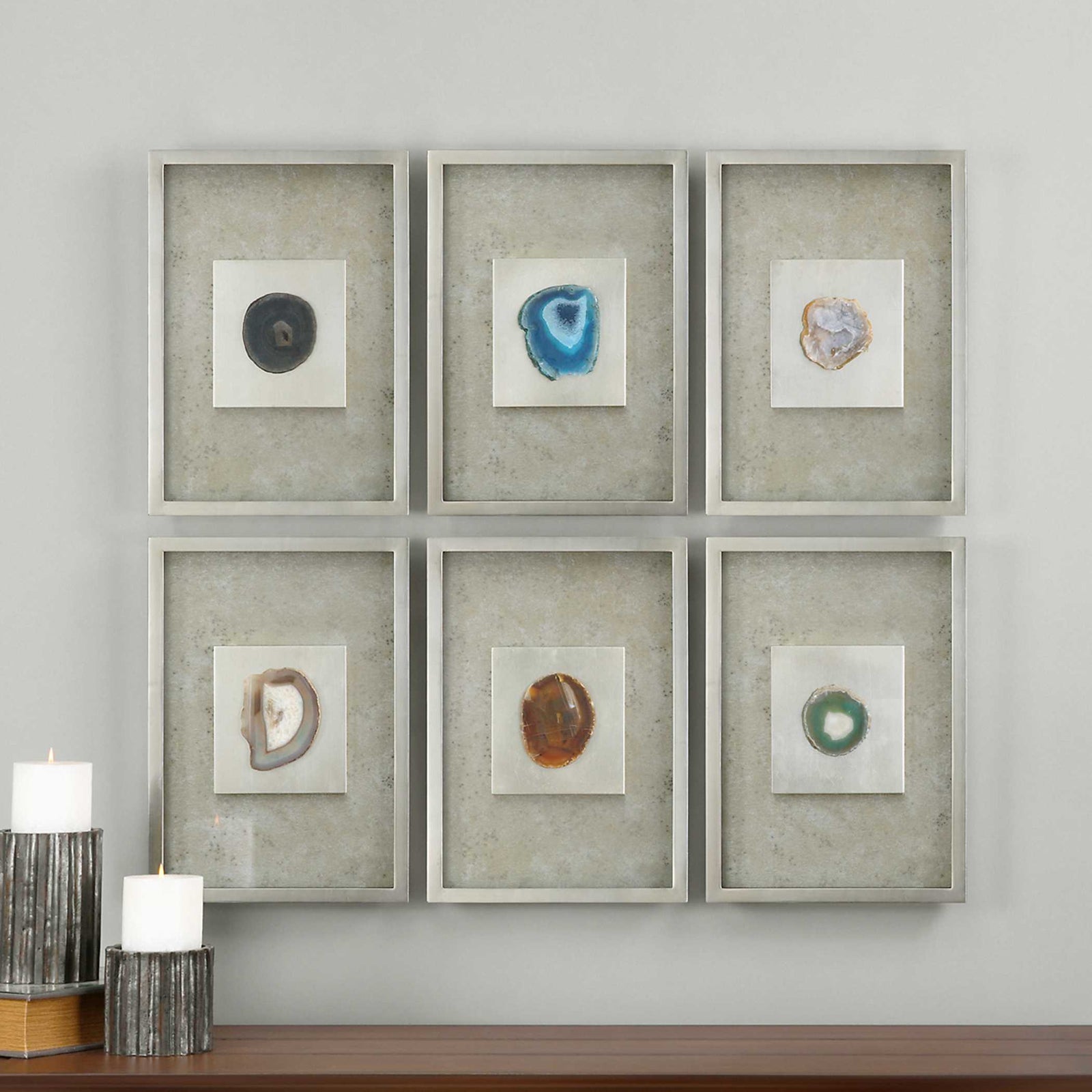 American Home Furniture Uttermost Agate Stone Silver Wall Art Set of 6